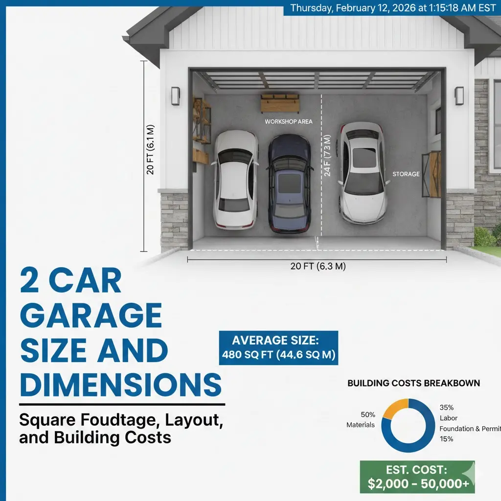 2-car garage dimensions Infographic showing average 20x24 ft (480 sq ft) layout, with space for 3 cars, workshop, storage, & building cost breakdown