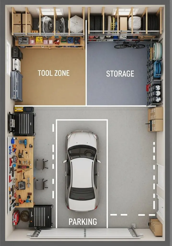 Top-down view of a 2 Car Garage layout featuring dedicated tool zone, storage, and parking for one vehicle.